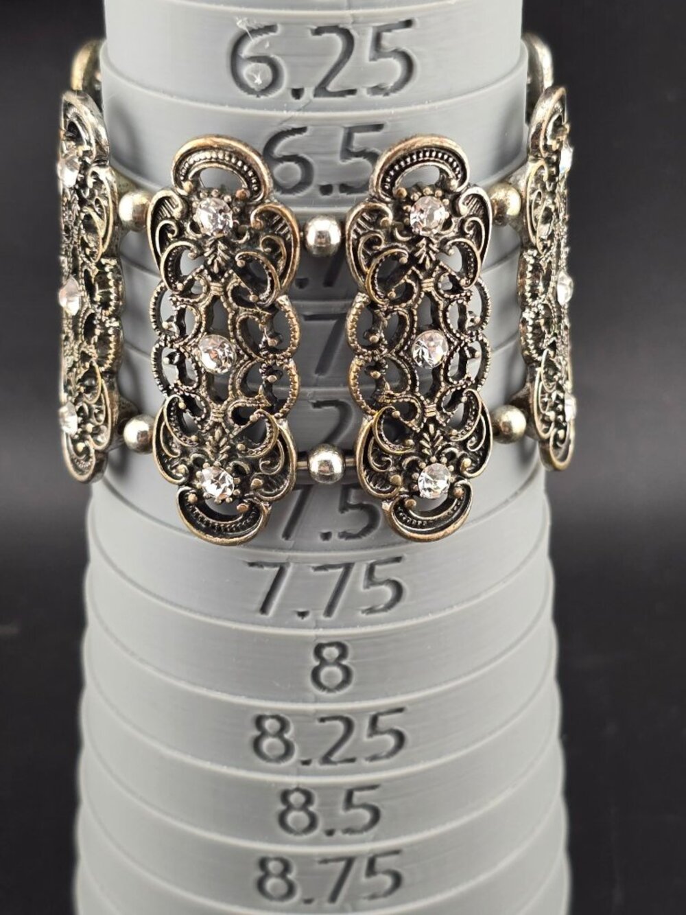 Gold and silver tone filigree Stretch Bracelet Rhinestone 6.25"- larger